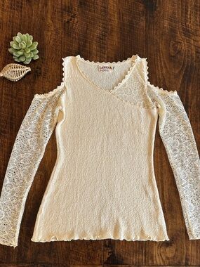 LEMESA | Cream Peruvian Cotton Lace Cold Shoulder Long Sleeve Top, Size XS